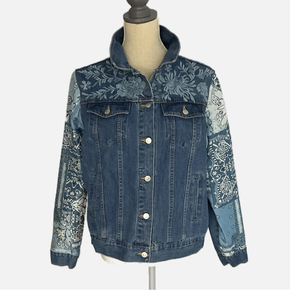Johnny Was Workshop Bandana Patched Denim Jean Jacket Embroidered Silk Medium